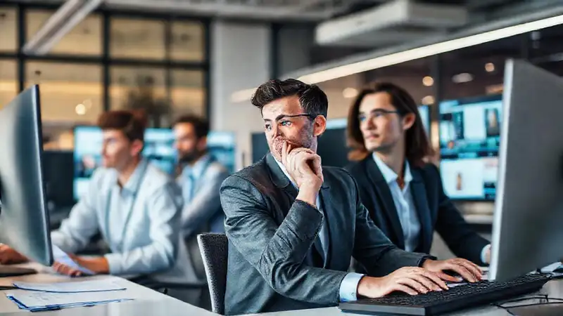 Expertos digitales trabajan en un ambiente vibrante