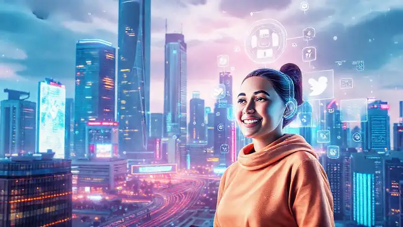 Ciudad futurista, tecnología y clientela sonrientes