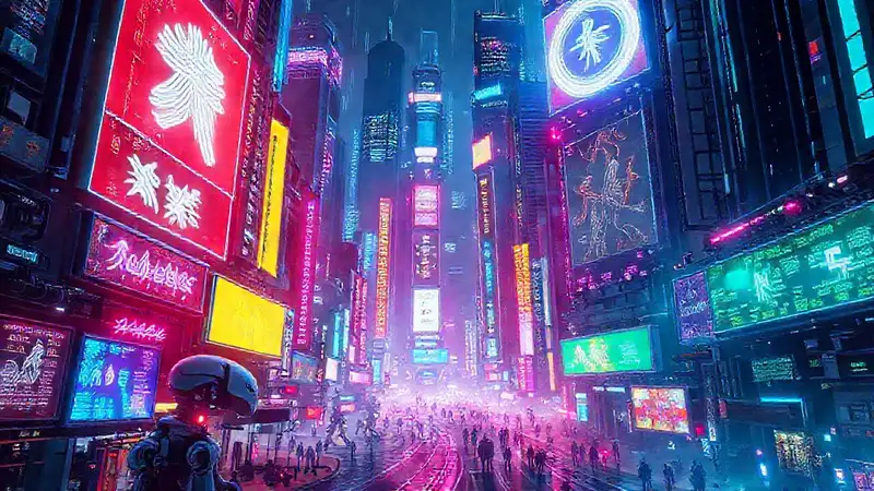 Ciudad futurista cyberpunk brilla en la noche