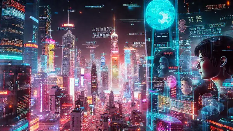 Ciudad futurista, tecnología y diversidad brillan