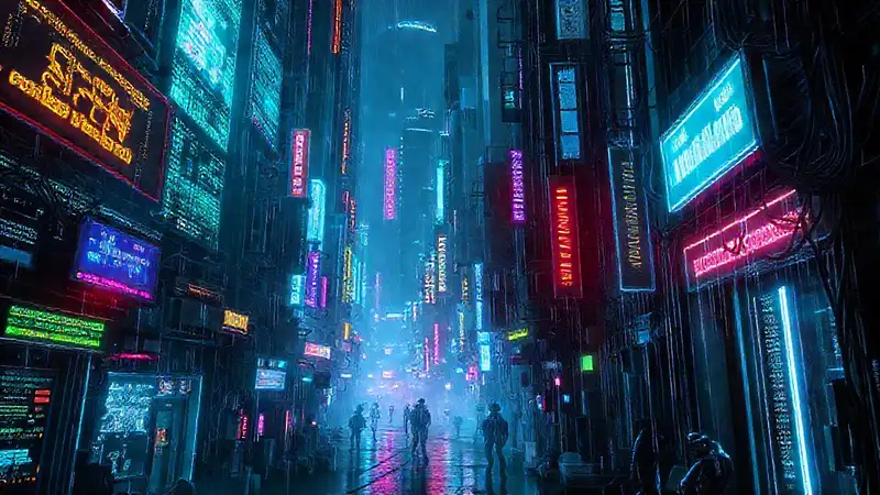Ciudad cyberpunk futurista, brillante y oscura