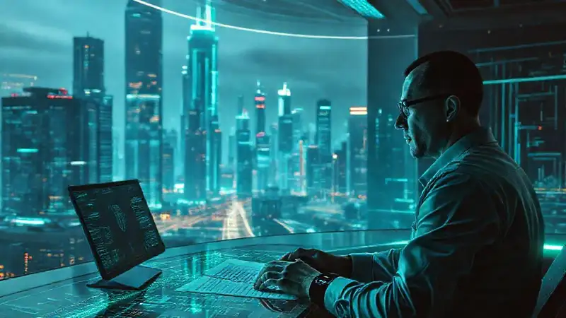 Ciudad futurista, editor digital, datos brillantes