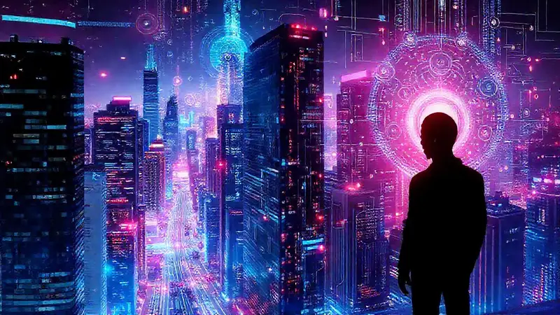 Ciudad futurista digitalmente brillante y abstracta