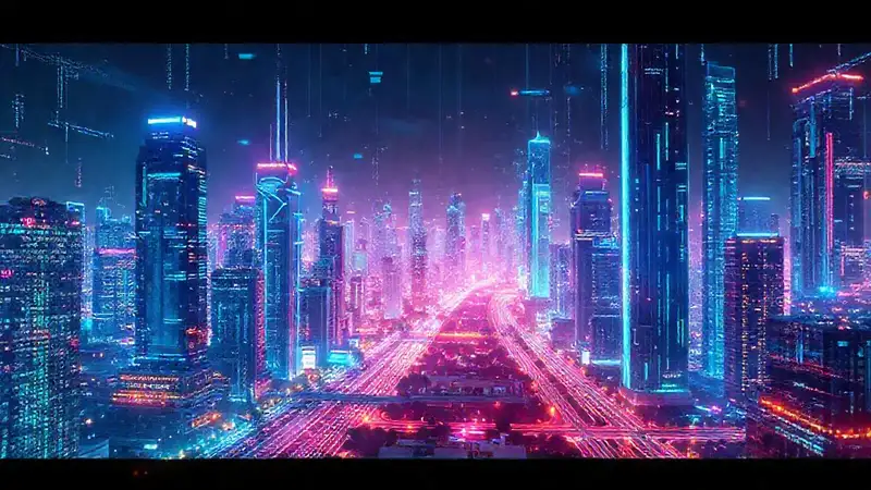 Ciudad futurista digitalmente vibrante y compleja