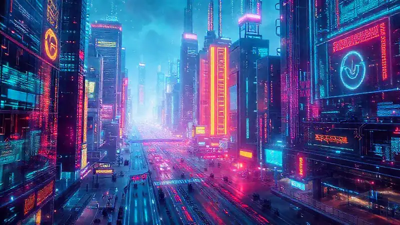Ciudad futurista, tecnología brillante y cambiante
