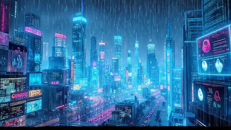 Ciudad futurista digitalmente intensa y brillante