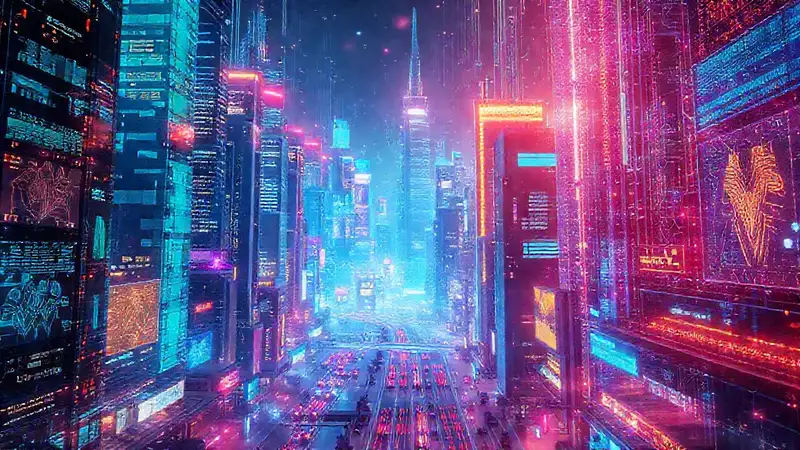 Ciudad digital futurista, vibrante y optimista