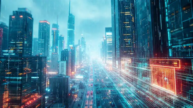 Ciudad futurista digitalmente brillante y compleja