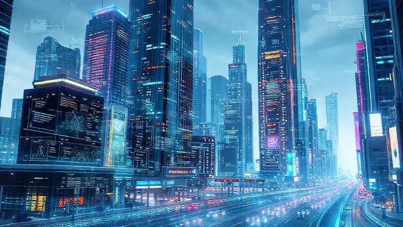 Ciudad futurista con interfaces digitales vibrantes
