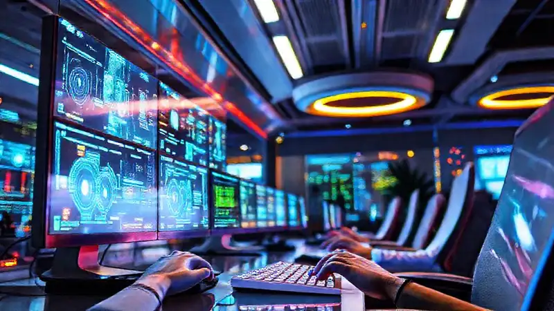 Oficina futurista: tecnología y optimismo vibrantes