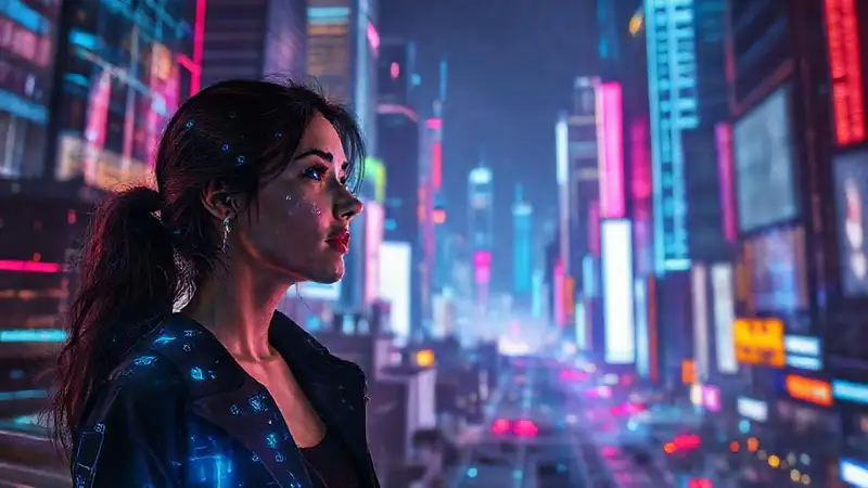 Una mujer observa una ciudad futurista brillante
