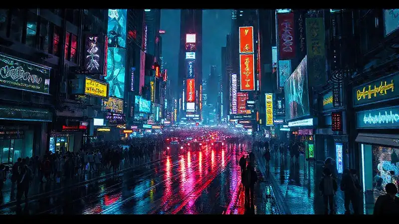 Ciudad cyberpunk futurista, lluviosa y vibrante