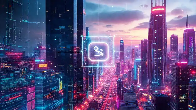 Ciudad futurista, interfaces digitales e informativas