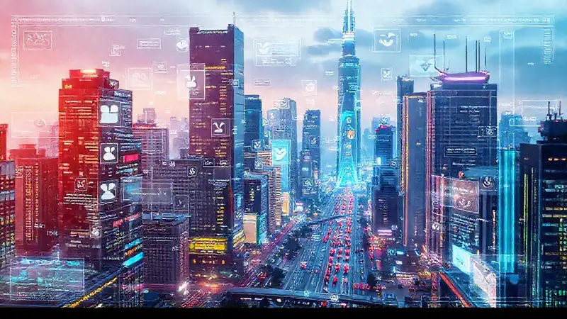 Ciudad futurista digital, colorida y conectada