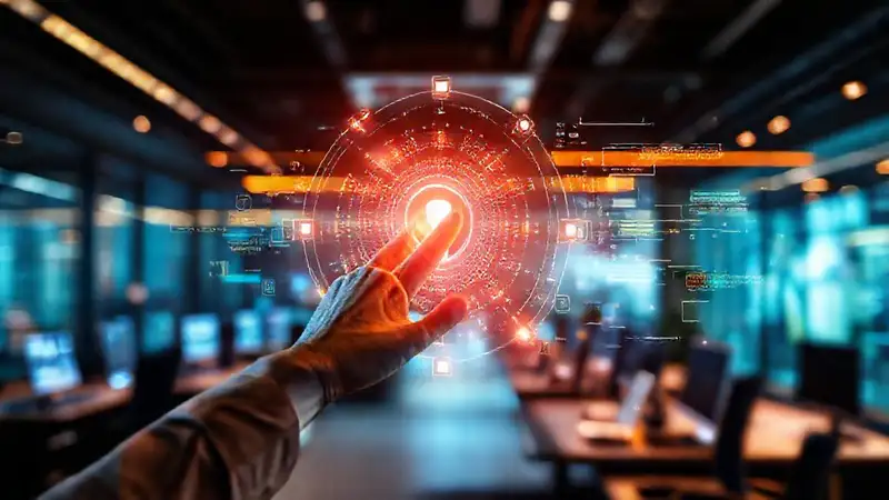 Oficina futurista interactiva con tecnología vibrante
