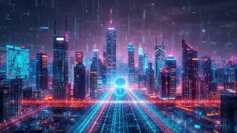 Ciudad futurista proyecta datos y tiempos