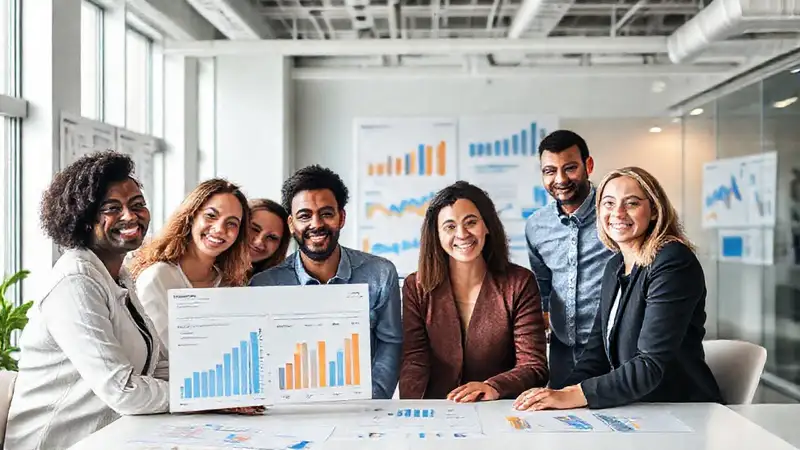 Oficina moderna: datos, equipo diverso, éxito