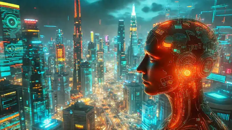 Ciudad futurista con inteligencia artificial brillante