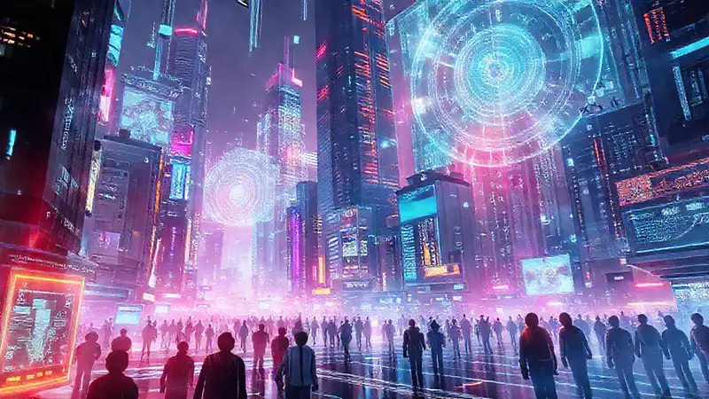 Ciudad futurista holográfica y vibrante