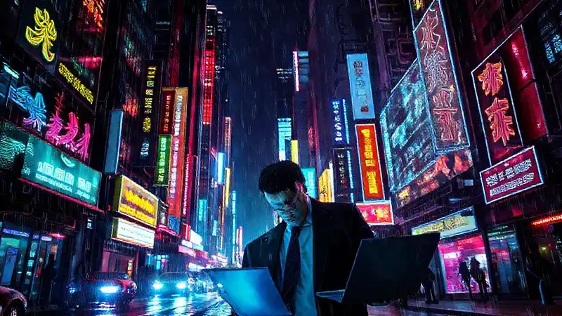 Ciudad cyberpunk oscura, alta resolución frustrante
