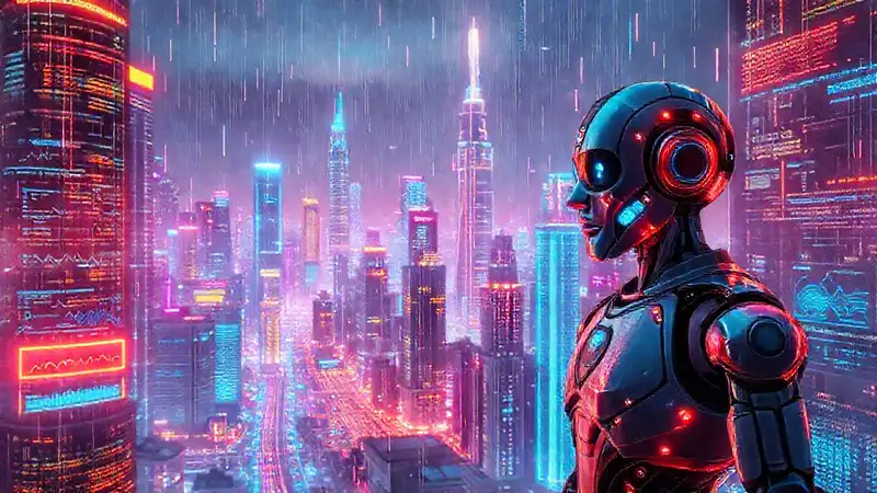 Ciudad futurista, IA brillante y optimista