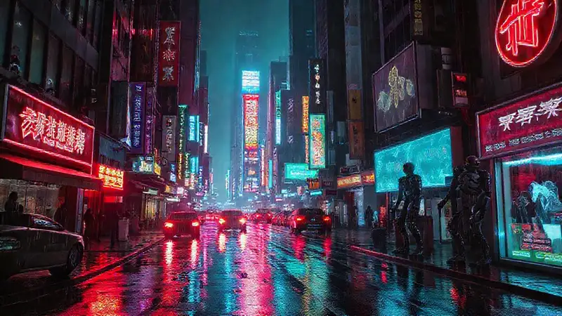 Ciudad cyberpunk oscura y vibrante