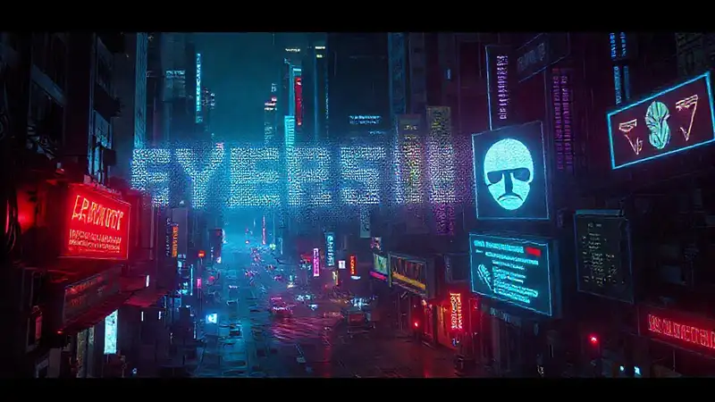 Ciudad cyberpunk distópica, errores digitales y frustración