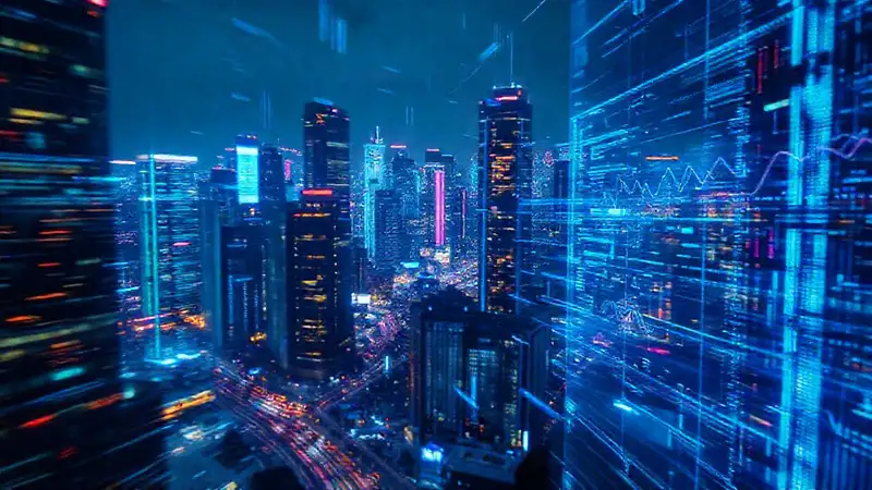 Una ciudad futurista resplandece digitalmente
