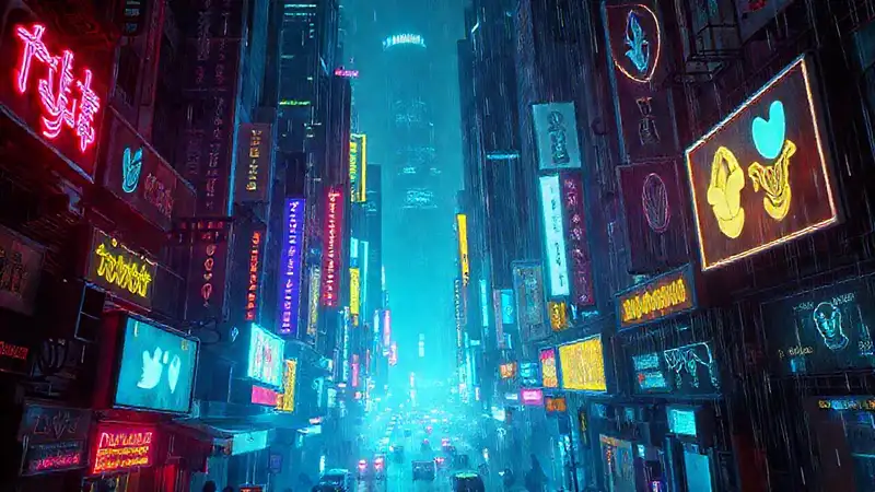 Ciudad cyberpunk digital, oscura y vibrante