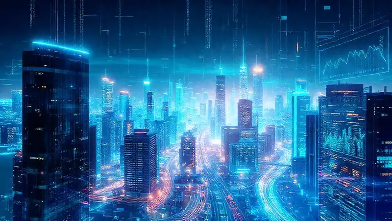 Ciudad futurista, IA brillante y optimista