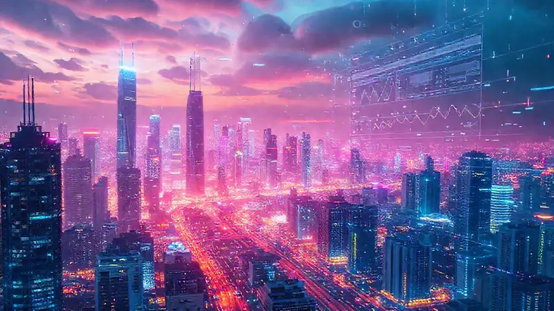 Ciudad futurista digitalmente brillante y analítica
