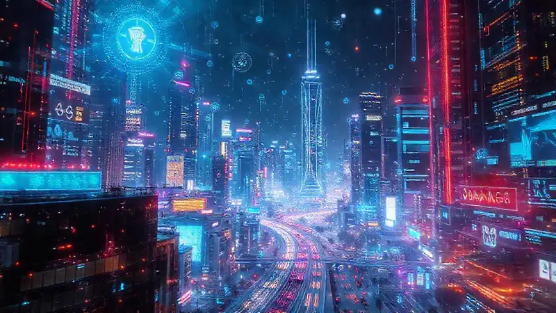 Ciudad futurista digital, vibrante y dinámica