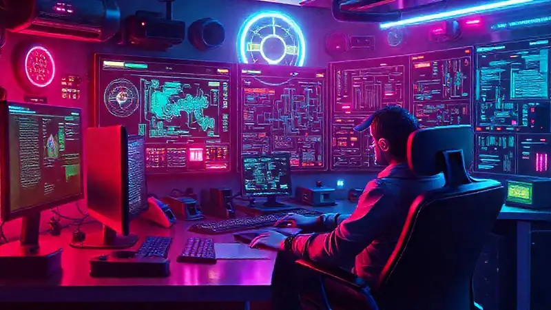Un programador relajado admira su oficina digital