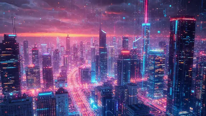 Ciudad futurista digital, vibrante y dinámica