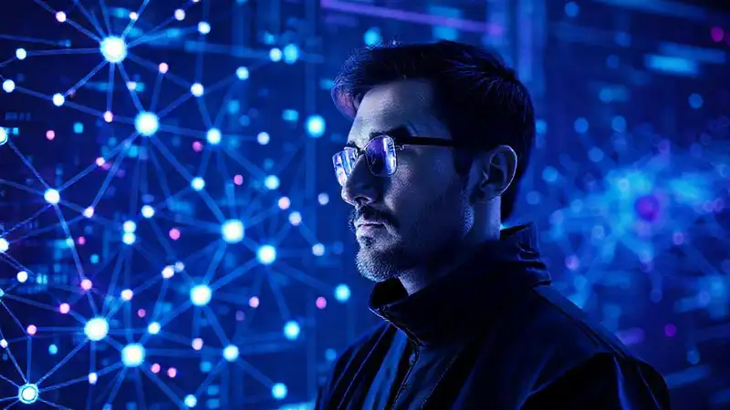 Un científico observa datos futuristas brillantes