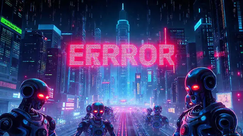 Ciudad futurista con errores digitales inquietantes