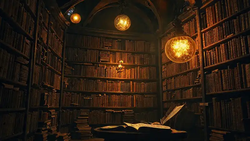 Una biblioteca antigua irradia sabiduría y misterio