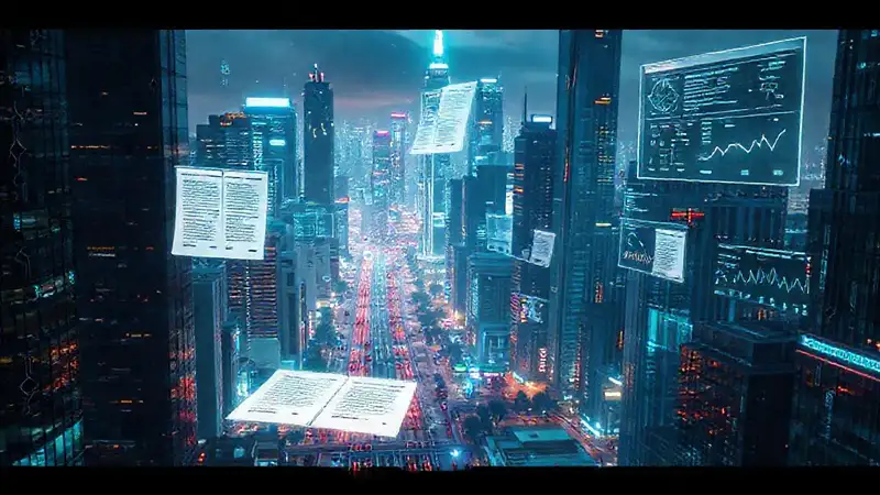 Ciudad futurista, IA brillante y exitosa