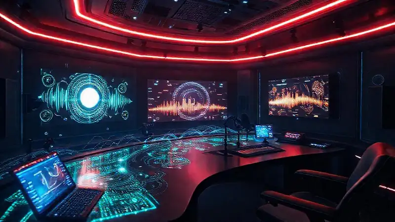 Estudio de podcast futurista, imponente y brillante