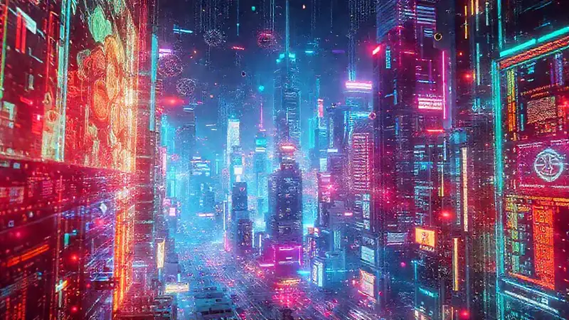 Ciudad futurista digitalmente vibrante y caótica