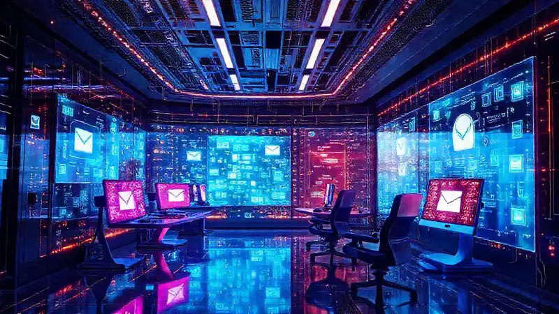Oficina futurista digitalmente brillante y robótica