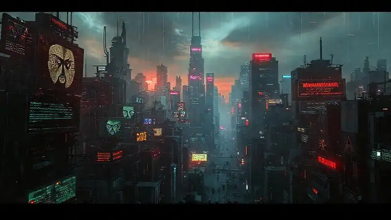 Ciudad futurista: decadencia digital amenazante
