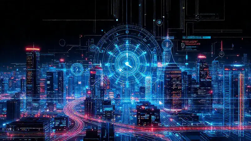 Ciudad futurista digital, intensa y urgente