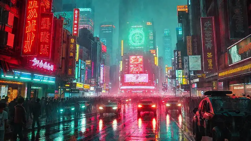 Ciudad cyberpunk futurista y vibrante