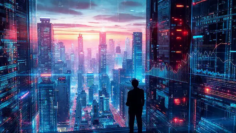 Ciudad futurista con datos brillantes