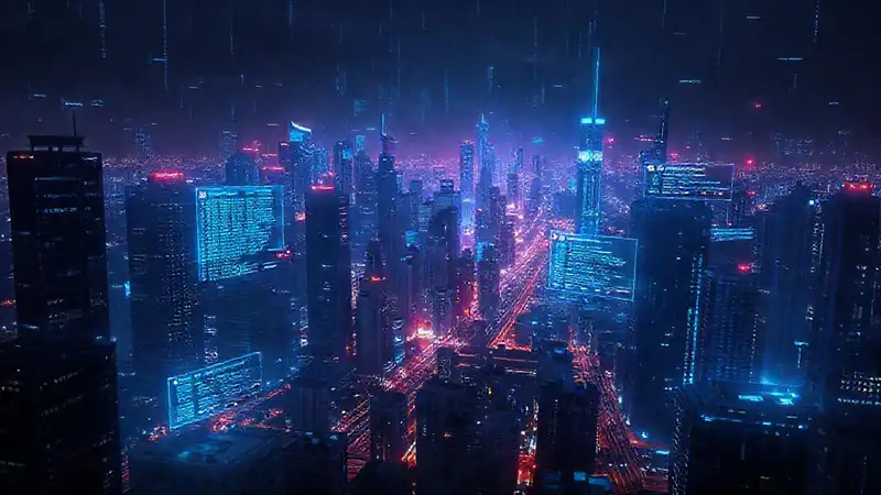 Ciudad futurista digitalmente brillante y compleja