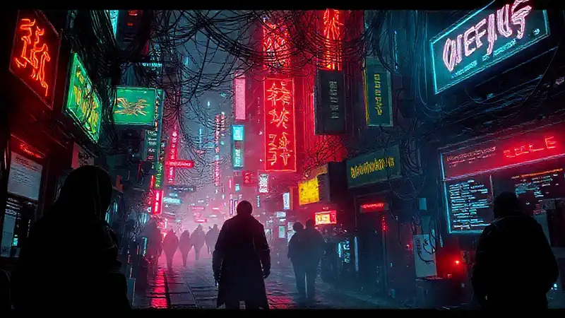 Ciudad cyberpunk: neón, caos y advertencia