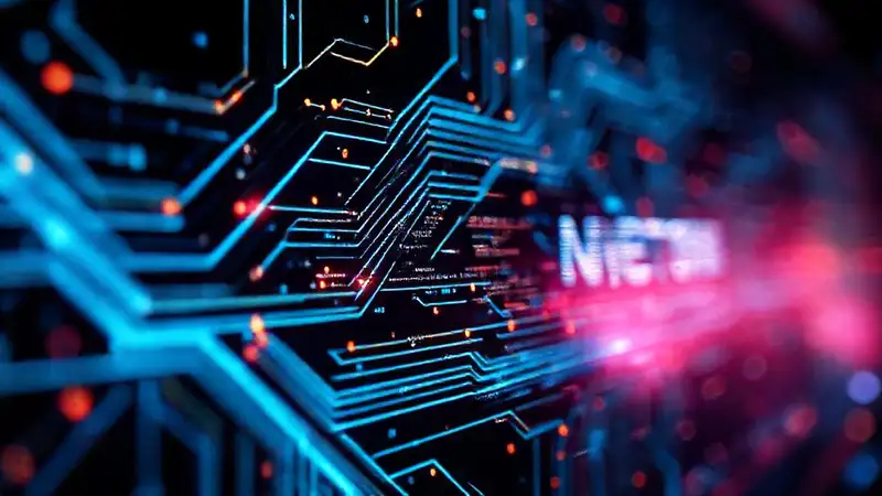 Un circuito digital futurista, brillante y distorsionado