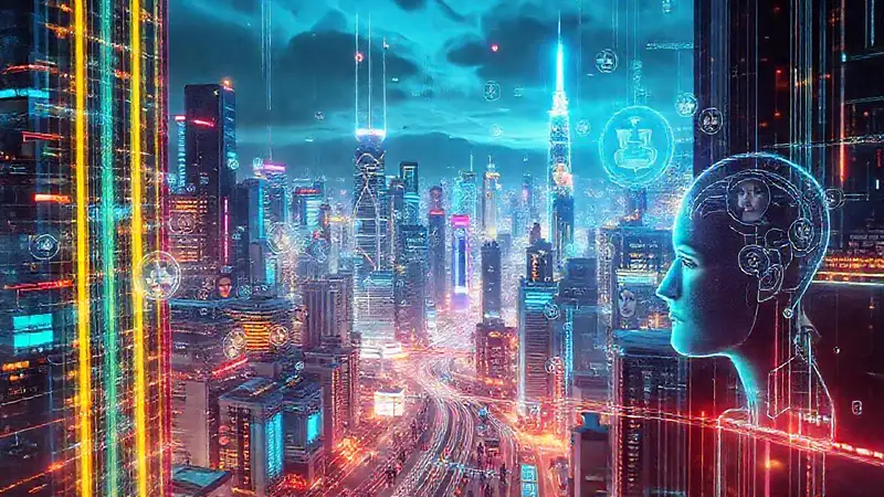 Ciudad futurista digital, brillante y diversa