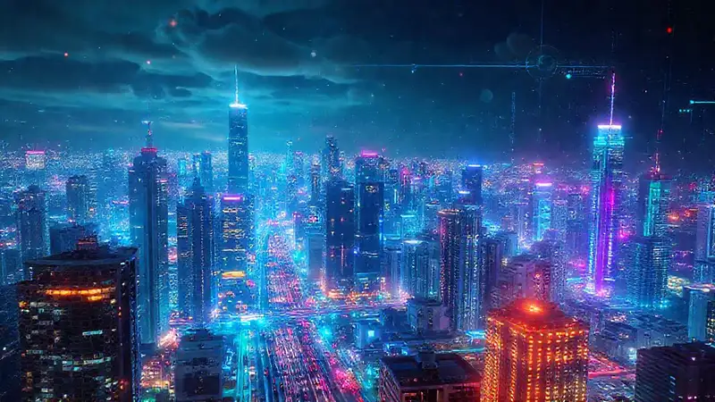 Ciudad futurista, inteligencia artificial brillante y compleja